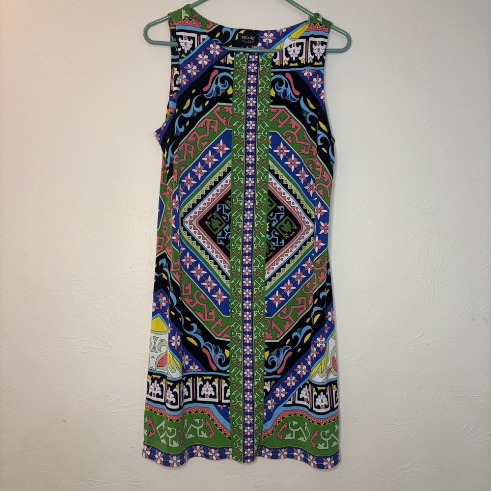Nicole Miller Medium Dress Midi Sleeveless Kaleidoscope Filigree Paisley Stretch